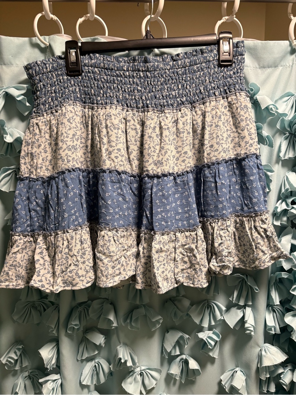 American Eagle Outfitters Blue and Cream Floral Smocked Tiered Mini Skirt